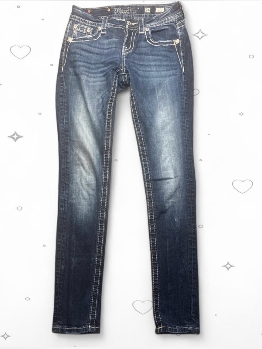 Miss Me Dark Wash Rhinestone Wing Flap Pocket Mid Rise Skinny Jeans 24
